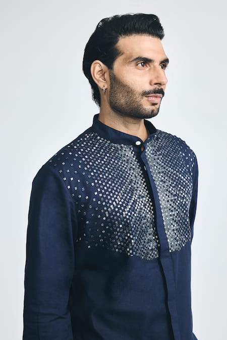 Shop Project Bandi Navy Cotton, Linen Embroidery Alpha Cutdana Hand Short Kurta Shop_Project Bandi_Navy Cotton, Linen Embroidery Alpha Cutdana Hand Short Kurta