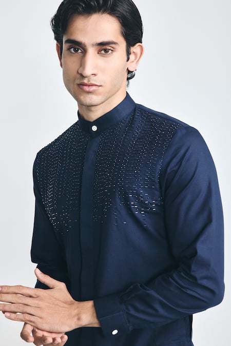 Project Bandi_Navy Cotton, Linen Embroidery Vault Cutdana Hand Short Kurta _Online_at_Aza_Fashions