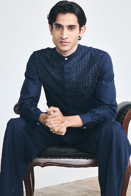 Buy_Project Bandi_Navy Cotton, Linen Embroidery Vault Cutdana Hand Short Kurta 