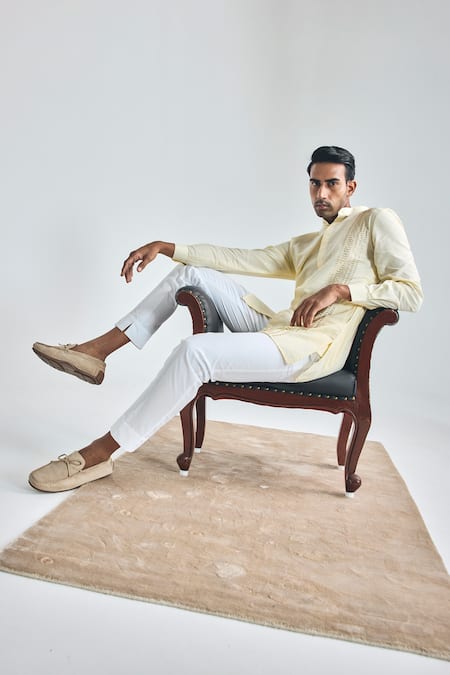 Project Bandi_Yellow Cotton, Linen Embroidery Brotherhood Cutdana Hand Short Kurta _Online_at_Aza_Fashions