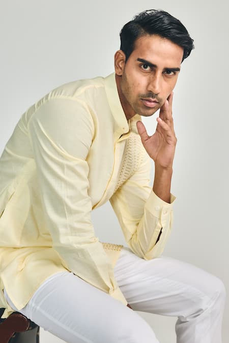 Buy_Project Bandi_Yellow Cotton, Linen Embroidery Brotherhood Cutdana Hand Short Kurta _Online_at_Aza_Fashions