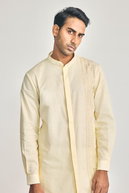 Shop_Project Bandi_Yellow Cotton, Linen Embroidery Brotherhood Cutdana Hand Short Kurta _Online_at_Aza_Fashions