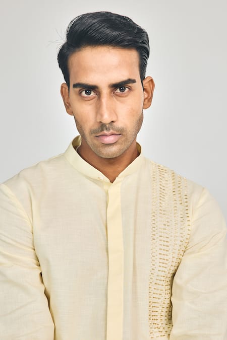 Project Bandi_Yellow Cotton, Linen Embroidery Brotherhood Cutdana Hand Short Kurta _at_Aza_Fashions