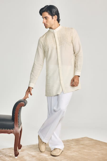 Project Bandi_Beige Cotton, Linen Beads, Embroidery Kin Cutdana Hand Short Kurta _Online_at_Aza_Fashions