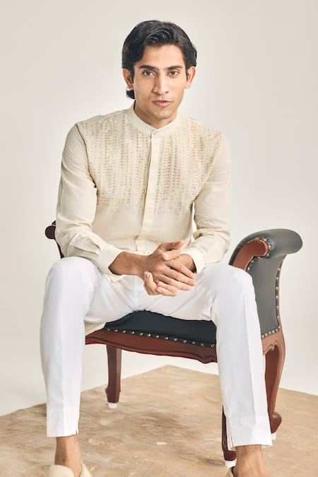 Buy_Project Bandi_Beige Cotton, Linen Beads, Embroidery Kin Cutdana Hand Short Kurta _Online_at_Aza_Fashions