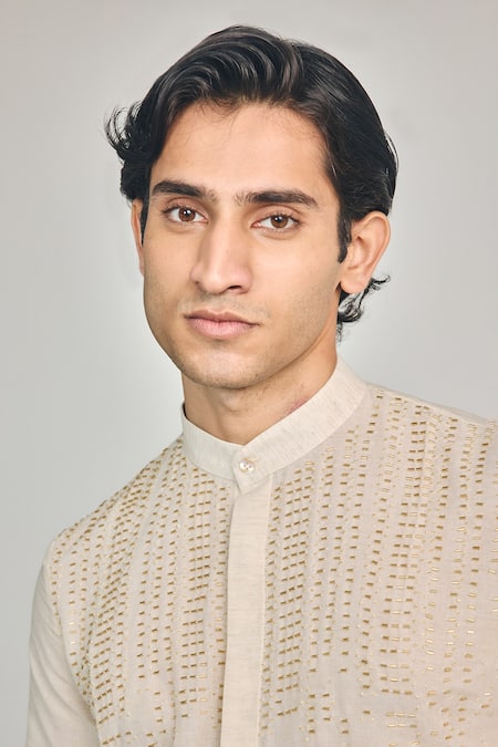 Shop_Project Bandi_Beige Cotton, Linen Beads, Embroidery Kin Cutdana Hand Short Kurta _Online_at_Aza_Fashions