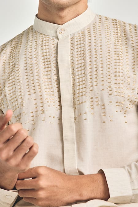 Project Bandi_Beige Cotton, Linen Beads, Embroidery Kin Cutdana Hand Short Kurta _at_Aza_Fashions