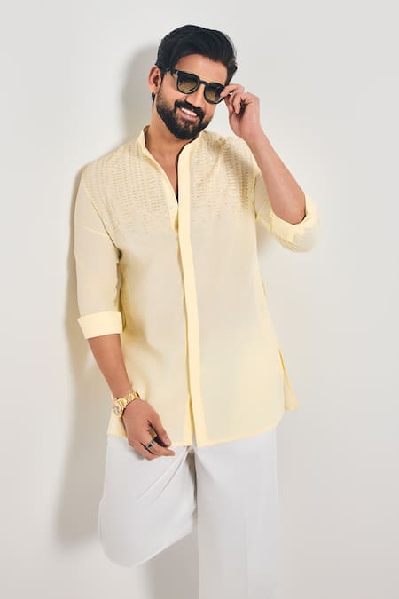 Shop_Project Bandi_Yellow Cotton, Linen Beads Crew Cutdana Hand Embroidered Short Kurta _Online_at_Aza_Fashions
