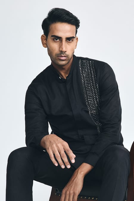 Project Bandi_Black Cotton, Linen Slit Hem Trouser _Online_at_Aza_Fashions