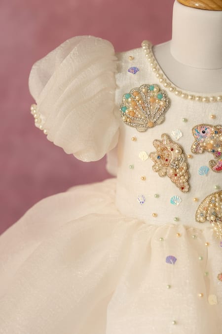 Ruchika Lath Label_White Organza Beads, Sequins, Pearls Hand Embroidered Fish And Shells Dress _Online_at_Aza_Fashions