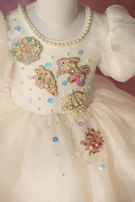 Shop_Ruchika Lath Label_White Organza Beads, Sequins, Pearls Hand Embroidered Fish And Shells Dress _Online_at_Aza_Fashions