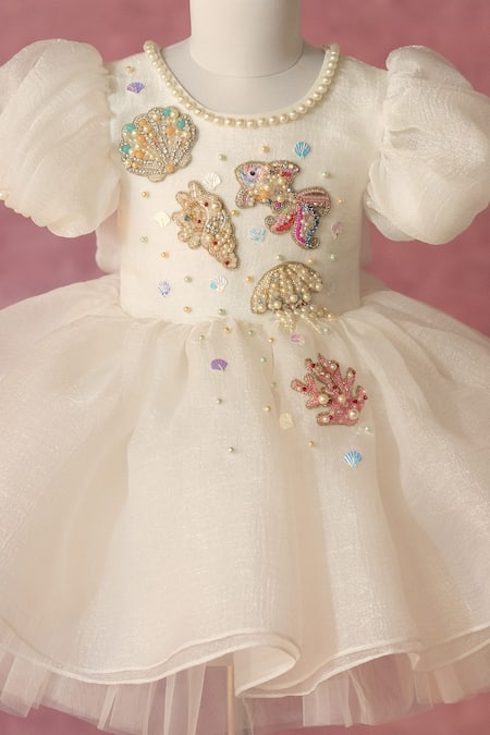 Ruchika Lath Label_White Organza Beads, Sequins, Pearls Hand Embroidered Fish And Shells Dress _at_Aza_Fashions