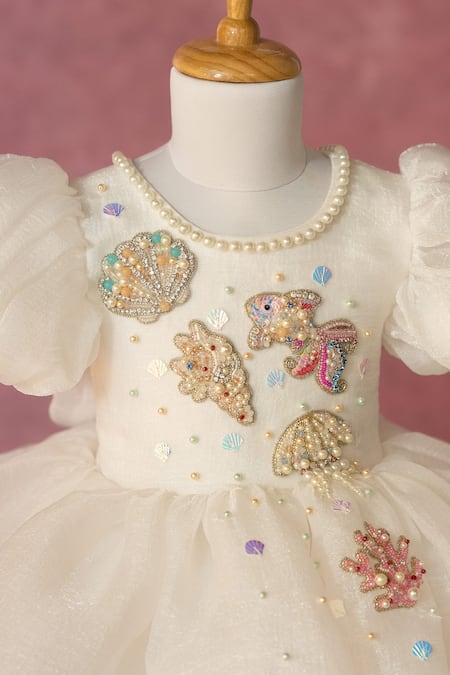 Buy_Ruchika Lath Label_White Organza Beads, Sequins, Pearls Hand Embroidered Fish And Shells Dress 