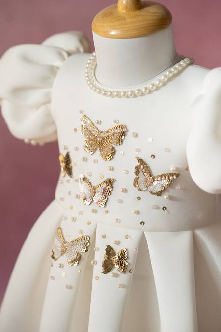 Buy_Ruchika Lath Label_White Sequins, Beads, Bows, Embroidery Golden Butterfly Dress _Online_at_Aza_Fashions
