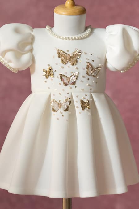 Shop_Ruchika Lath Label_White Sequins, Beads, Bows, Embroidery Golden Butterfly Dress 