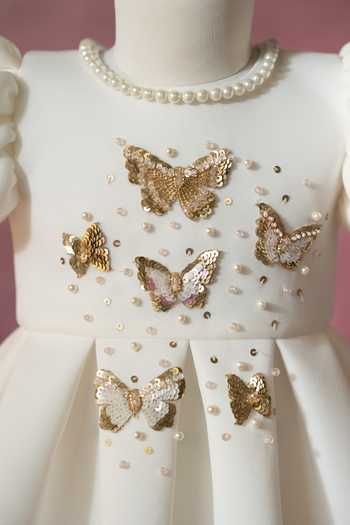 Buy White Sequins, Beads, Bows, Embroidery Golden Butterfly Dress For Girls  by Ruchika Lath Label Online at Aza Fashions.