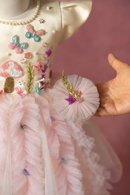 Buy_Ruchika Lath Label_Off White Satin, Net Embroidery, Sequins, Beads, Fairy Garden Hand Ruffle Dress _Online_at_Aza_Fashions