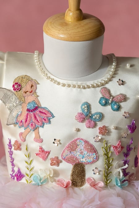 Shop_Ruchika Lath Label_Off White Satin, Net Embroidery, Sequins, Beads, Fairy Garden Hand Ruffle Dress _Online_at_Aza_Fashions