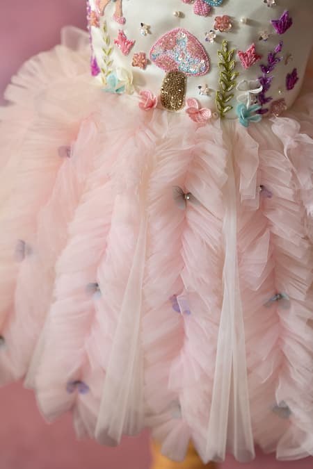 Ruchika Lath Label_Off White Satin, Net Embroidery, Sequins, Beads, Fairy Garden Hand Ruffle Dress _at_Aza_Fashions