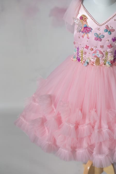 Buy_Ruchika Lath Label_Pink Net Beads, Sequins, Fabric Flowers, Embroidery Fairy Garden Hand Dress _Online_at_Aza_Fashions