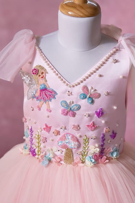 Shop_Ruchika Lath Label_Pink Net Beads, Sequins, Fabric Flowers, Embroidery Fairy Garden Hand Dress _Online_at_Aza_Fashions