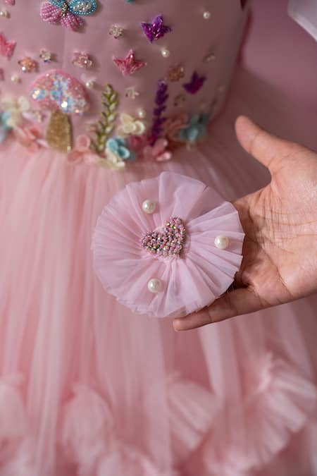 Ruchika Lath Label_Pink Net Beads, Sequins, Fabric Flowers, Embroidery Fairy Garden Hand Dress _at_Aza_Fashions