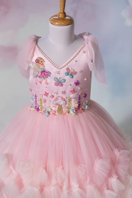 Buy_Ruchika Lath Label_Pink Net Beads, Sequins, Fabric Flowers, Embroidery Fairy Garden Hand Dress 