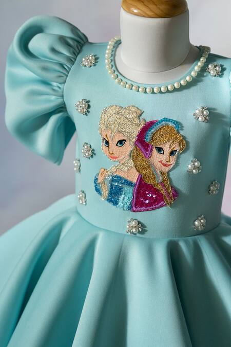 Ruchika Lath Label_Blue Neoprene Embroidery, Pearls, Rhinestones, Frozen Theme Puff Sleeve Dress _Online_at_Aza_Fashions
