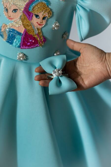 Buy_Ruchika Lath Label_Blue Neoprene Embroidery, Pearls, Rhinestones, Frozen Theme Puff Sleeve Dress _Online_at_Aza_Fashions