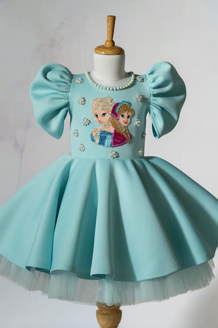 Ruchika Lath Label_Blue Neoprene Embroidery, Pearls, Rhinestones, Frozen Theme Puff Sleeve Dress _at_Aza_Fashions