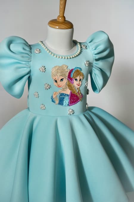 Buy_Ruchika Lath Label_Blue Neoprene Embroidery, Pearls, Rhinestones, Frozen Theme Puff Sleeve Dress 