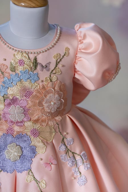 Ruchika Lath Label_Peach Satin Applique, Embroidery, Pearls Floral And Butterfly Puff Sleeve Dress _Online_at_Aza_Fashions