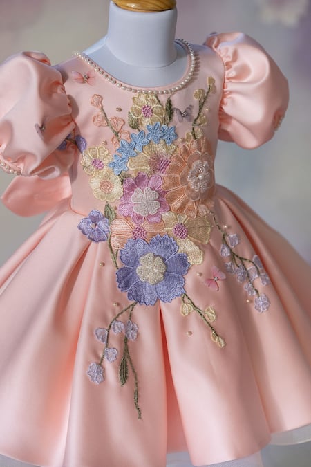 Buy_Ruchika Lath Label_Peach Satin Applique, Embroidery, Pearls Floral And Butterfly Puff Sleeve Dress _Online_at_Aza_Fashions