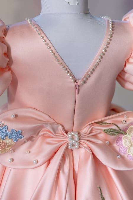Shop_Ruchika Lath Label_Peach Satin Applique, Embroidery, Pearls Floral And Butterfly Puff Sleeve Dress _Online_at_Aza_Fashions