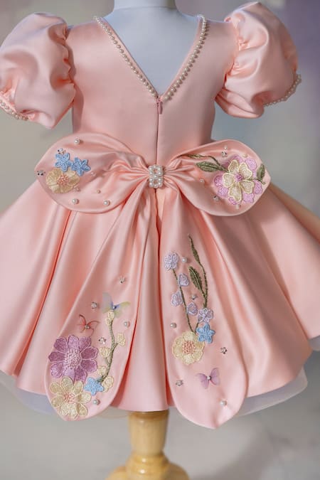 Ruchika Lath Label_Peach Satin Applique, Embroidery, Pearls Floral And Butterfly Puff Sleeve Dress _at_Aza_Fashions