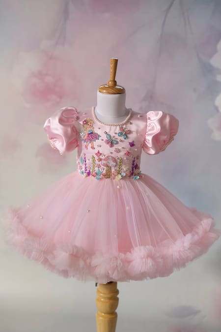 Ruchika Lath Label_Pink Net Beads, Pearls, Sequins, Embroidery Fairy Garden Puff Sleeve Dress _Online_at_Aza_Fashions