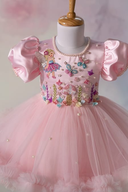 Buy_Ruchika Lath Label_Pink Net Beads, Pearls, Sequins, Embroidery Fairy Garden Puff Sleeve Dress _Online_at_Aza_Fashions