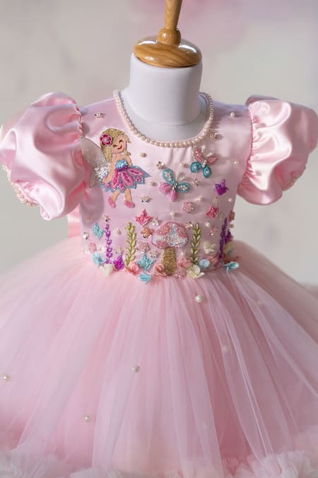Shop_Ruchika Lath Label_Pink Net Beads, Pearls, Sequins, Embroidery Fairy Garden Puff Sleeve Dress _Online_at_Aza_Fashions