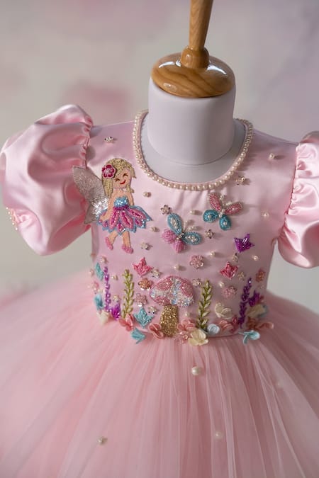 Buy_Ruchika Lath Label_Pink Net Beads, Pearls, Sequins, Embroidery Fairy Garden Puff Sleeve Dress 