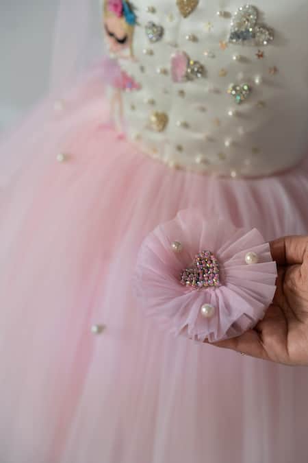 Ruchika Lath Label_Off White Satin, Net Embroidery, Pearls, Sequins Ballerina And Hearts Hand Dress _Online_at_Aza_Fashions