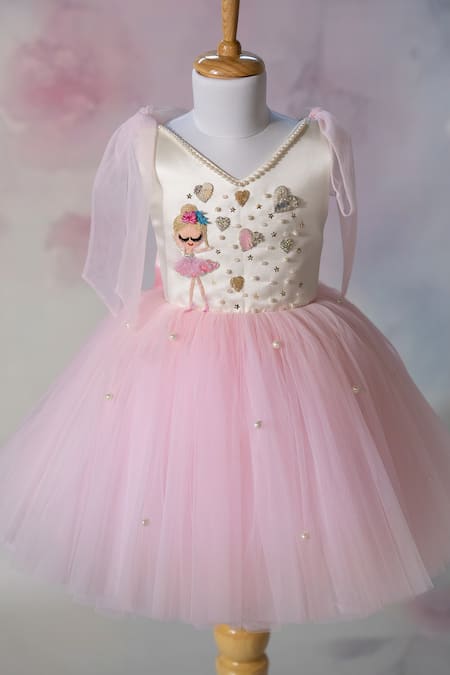 Buy_Ruchika Lath Label_Off White Satin, Net Embroidery, Pearls, Sequins Ballerina And Hearts Hand Dress _Online_at_Aza_Fashions