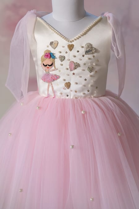 Shop_Ruchika Lath Label_Off White Satin, Net Embroidery, Pearls, Sequins Ballerina And Hearts Hand Dress _Online_at_Aza_Fashions