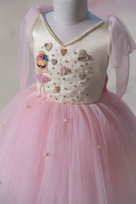 Ruchika Lath Label_Off White Satin, Net Embroidery, Pearls, Sequins Ballerina And Hearts Hand Dress _at_Aza_Fashions