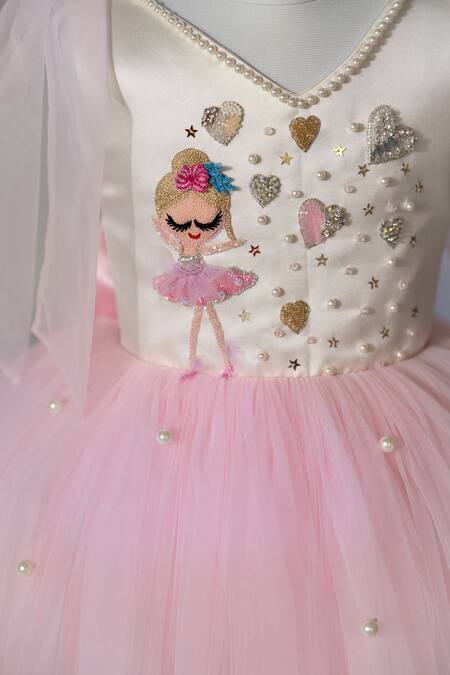 Buy_Ruchika Lath Label_Off White Satin, Net Embroidery, Pearls, Sequins Ballerina And Hearts Hand Dress 