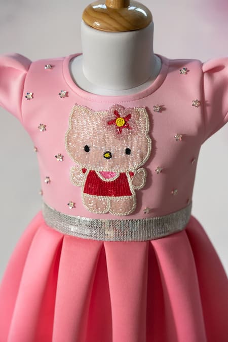 Buy_Ruchika Lath Label_Pink Neoprene Pearls, Stones, Sequins Hello Kitty And Embroidered Dress _Online_at_Aza_Fashions