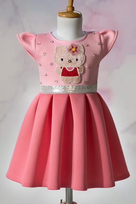 Shop_Ruchika Lath Label_Pink Neoprene Pearls, Stones, Sequins Hello Kitty And Embroidered Dress _Online_at_Aza_Fashions