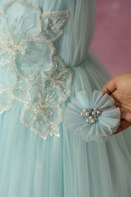 Shop_Ruchika Lath Label_Sky Blue Net Beads, Crystals, Pearls Flower Embroidered Gown _Online_at_Aza_Fashions