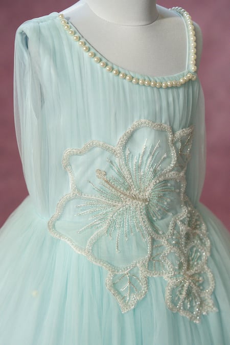 Ruchika Lath Label_Sky Blue Net Beads, Crystals, Pearls Flower Embroidered Gown _at_Aza_Fashions