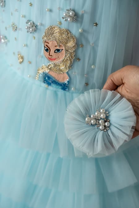 Ruchika Lath Label_Blue Net Embroidery, Beads, Pearls, Sequins, Bows Elsa Hand Ruffled Dress _Online_at_Aza_Fashions