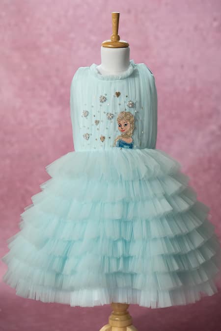 Buy_Ruchika Lath Label_Blue Net Embroidery, Beads, Pearls, Sequins, Bows Elsa Hand Ruffled Dress _Online_at_Aza_Fashions